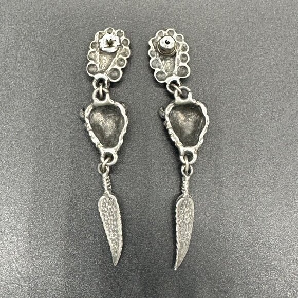 Buffalo Feather Drop Earrings Turquoise Inlay Western Silver Toned Metal - Picture 3 of 8